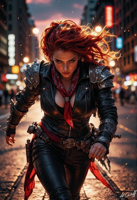 The 12mm fisheye lens warps the world at her feet—concrete bowing inward, streetlights stretching like molten gold toward the bruised dusk sky. She is a blade of motion: red curls lashed into a fiery blur, leather jacket studded with silver like armor, the crimson bandana a battle flag against her moon-pale skin. Her stance is a coiled spring—one leg rooted, the other bent mid-stride—as if she’s seconds from tearing reality at the seams. The deep depth of field drags the entire city into focus behind her, every brick and neon sign sharp as a threat. The horizon bleeds orange and pink, but her shadow swallows the pavement whole., fg<lora:CustomFlux/MysticFantasy.safetensors:0.5000000000000001:0.5000000000000001> <lora:Flux/Stylized-Super-Texture.safetensors:0.5000000000000001:0.5000000000000001> <lora:CustomFlux/MysticRealism.safetensors:0.7500000000000001:0.7500000000000001>