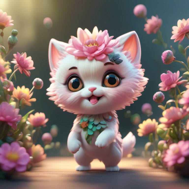 flowerart, flower, <lora:flower_art:1>, cute, tiny, little chibi, kawai, furry, great face expression, dynamic pose, trending on artstation, cinematic, hyper realism, high detail, 8k, 8mm, octane render, bokeh, artstation, detailed, character design by mark ryden and pixar