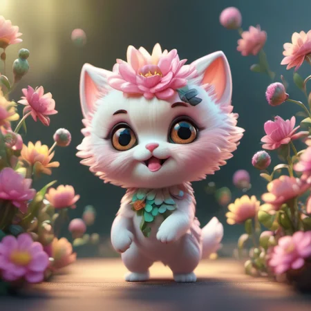 flowerart, flower, <lora:flower_art:1>, cute, tiny, little chibi, kawai, furry, great face expression, dynamic pose, trending on artstation, cinematic, hyper realism, high detail, 8k, 8mm, octane render, bokeh, artstation, detailed, character design by mark ryden and pixar
