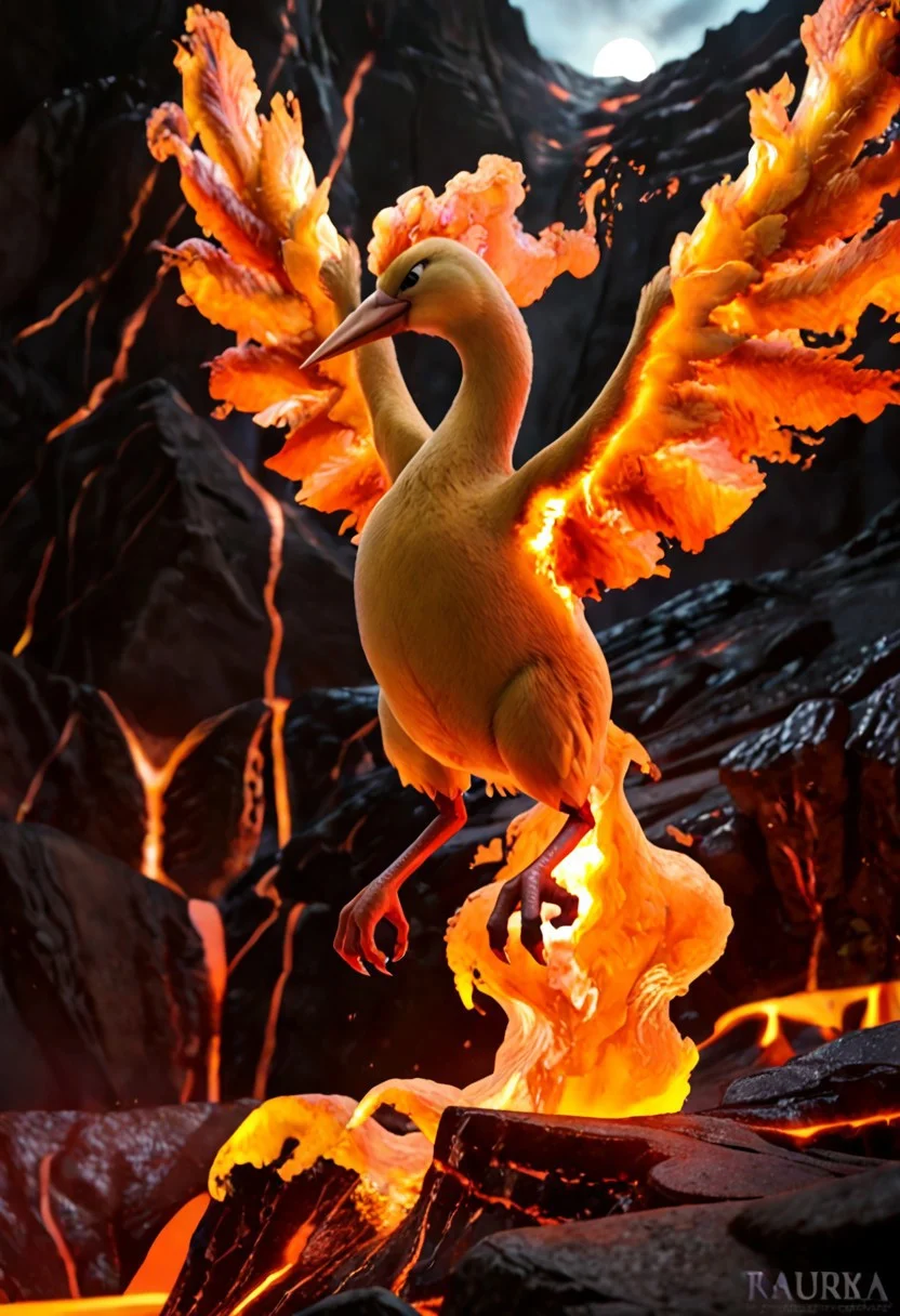 score_9, score_8_up, score_7_up, score_6_up, score_5_up, score_4_up, BREAK, solo, moltres, pokemon (creature), furry, avian, bird, detailed feathers, realistic feathers, orange feathers, beak, wings, flaming wings, realistic fire, red flames, fire, lava, volcano background, realistic