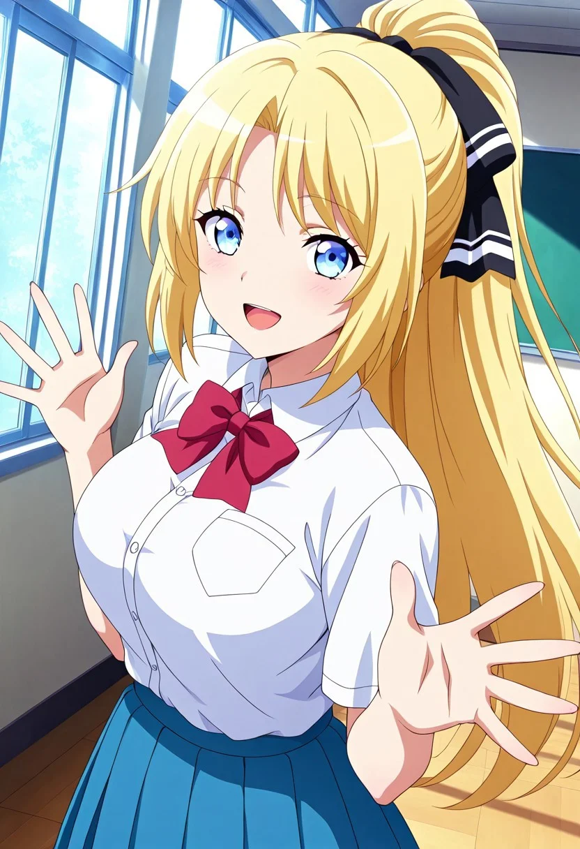general,highres, ultra-detailed,very aesthetic,best quality ,best hands,best eyes,easynegative,
dynamic anglre, dutch angle, anime cloring,anime screencap,
1girl solo,looking at viewer,school, indoors, smile,open mouth, waving hand,
Iris Thea Eaderlindt,blonde_hair, long_hair, ponytail, hair ribbon, blue_eyes, large_breasts,shirt,skirt,