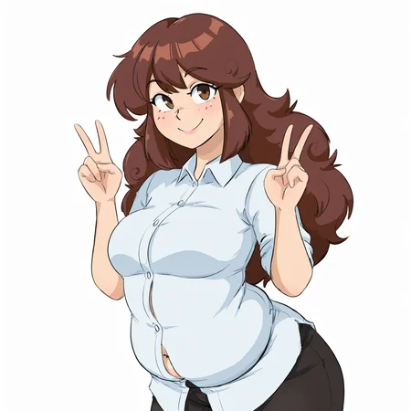 masterpiece, best quality, amazing quality, very aesthetic, absurdres,
1girl, solo, front view, three-quarter view, three-quarter portrait,
looking at viewer, smile, plump, medium breasts, medium ass, double v,
brown hair, long hair, fluffy hair, white dress shirt, black pants,
white background, simple background,
(masterpiece), (best quality), (ultra-detailed), amazing quality, very aesthetic, illustration, perfect composition, intricate details, absurdres, incredibly absurdres,anime coloring,
<lora:Clinkoclinko_Illu:0.8>, clinkoclinko,