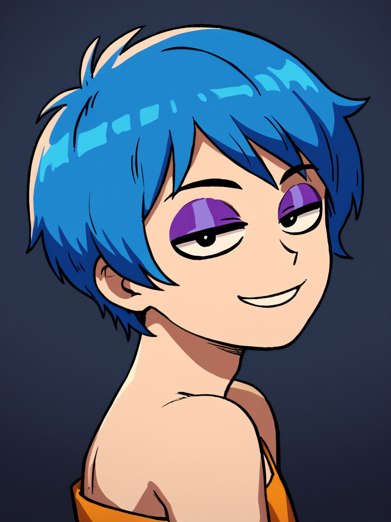score 7 up,score 6 up,,<lora:Ace_ambling_r1:0.8> ace, 1boy,blue hair, short hair,eyeshadow, solo,indoor,half-closed eyes,seductive smile, from side,bare shoulders, looking at viewer, parody