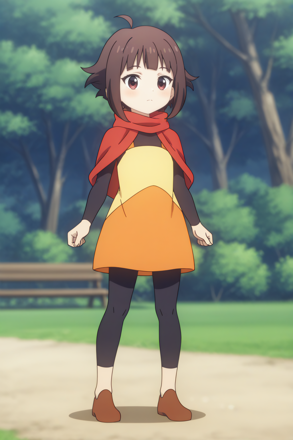 full body,  young Megumin,  ahoge, short hair, pantyhose, dress, capelet <lora:Konosuba_Bakuen_-_young_Megumin_-_illustrious:0.8>