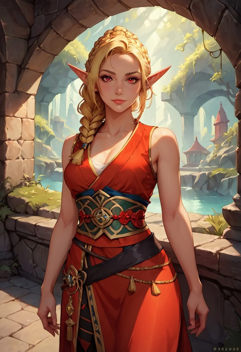 score_9, score_8_up, score_8, 1girl, solo, elf girl, fair skin, long golden blonde hair, braid, medium breast, fantasy kunoichi archer, standard black kunoichi attire, sleeveless garment, a red obi wrapped around her waist, pants that have openings around her thighs, blouse noticeably kept slightly opened, showing off most of her cleavage, fantasy dungeon background, detailed colours, cinematic light, fully coloured, volumetric lighting