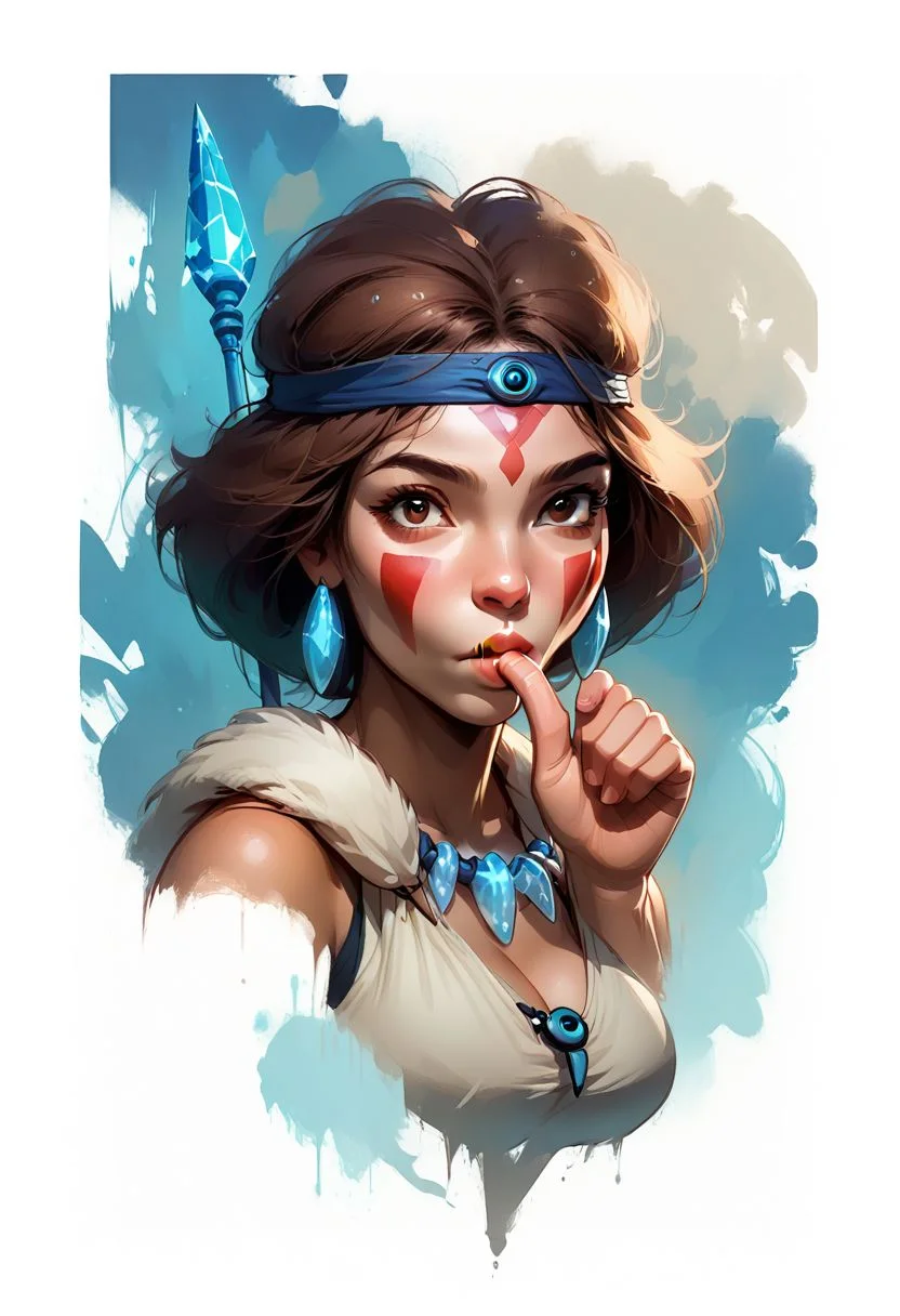 Faded Headshot, faded bottom, faded edges ,score_9,score_8_up,score_7_up,score_6_up,score_5_up,
1girl, San(/Princess Mononoke)/,(ultra HD quality details), pale skin, brown hair, facepaint, brown eyes, short hair, headband, crystal necklace,
holding polearm,
, digital illustration, disney, rule 63, full body, perfect anatomy, perfect face, butt showing esthetically, abstract beauty, beautiful, centered, looking at the camera, approaching perfection, dynamic, moonlight, highly detailed, watercolor painting, artstation, concept art, smooth, sharp focus, illustration,
(upper body:1.2), (close up:1.5), portrait, huge breasts, deep cleavage, (((((sucking_own_thumb, sucking thumb, )))))