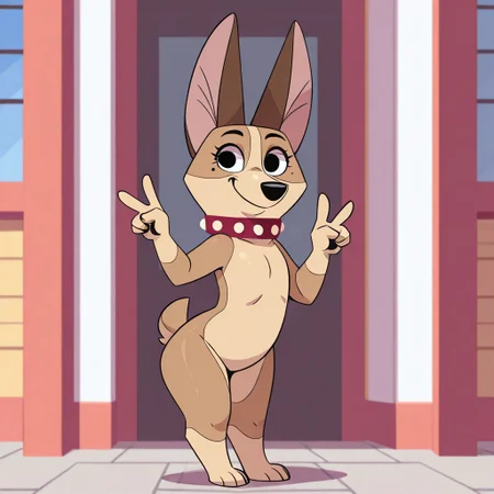 Clarissa(101), Solo, 1girl, semi-anthro, female furry, dog, doggirl, Welsh Corgi, tan fur, brown ears, black eyes, mole under eye, black nose, short tail, red collar, full body, day, smile, peace sign, standing, flatchested,