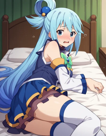 score_9, score_8_up, score_7_up, source_anime,
konosubaaqua, <lora:konosuba-aqua-s2-ponyxl-lora-nochekaiser:1>,
aqua \(konosuba\), long hair, blue eyes, hair ornament, very long hair, blue hair, hair rings, single hair ring, hair bobbles,
skirt, shirt, thighhighs, bare shoulders, detached sleeves, white thighhighs, blue skirt, blue shirt, green bow,
indoors, bed, bed room, on side, blush, drunk,
looking at viewer, cowboy shot, dutch angle,