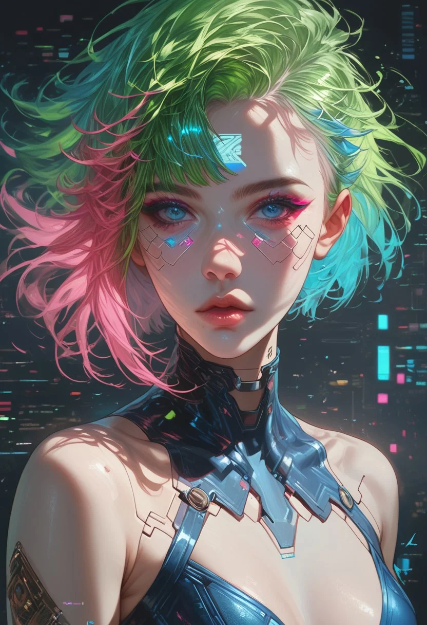 score_9,score_8_up,score_7_up,best quality,very aesthetic,absurdres,masterpiece,colourful,
1girl,solo,asymmetrical hair,short hair,blue hair,green hair,pink hair,multicolored hair,blue eyes,eyeliner,eyeshadow,makeup,bare shoulders,looking at viewer,(cyberpunk),hlpr,futuristic,hologram,glitch,holographic face,ui,interface,nodes,particles,(glowneon),(glowing), (western:0.6), (european:0.6)
