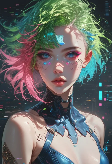 score_9,score_8_up,score_7_up,best quality,very aesthetic,absurdres,masterpiece,colourful,
1girl,solo,asymmetrical hair,short hair,blue hair,green hair,pink hair,multicolored hair,blue eyes,eyeliner,eyeshadow,makeup,bare shoulders,looking at viewer,(cyberpunk),hlpr,futuristic,hologram,glitch,holographic face,ui,interface,nodes,particles,(glowneon),(glowing), (western:0.6), (european:0.6)