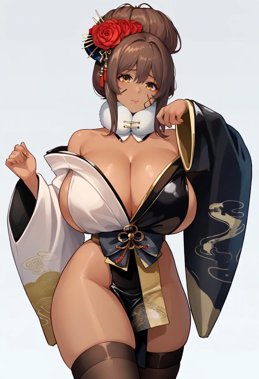 score_9, score_8_up, score_7_up, source_anime BREAK 1girl, solo, standing, <lora:noir-nikke-richy-v1_pdxl:1> noirhs, brown hair, hair bun, hair flower, hair ornament, asymmetrical clothes, japanese clothes, off shoulder, fur collar, wide sleeves, bare hips, pelvic curtain, black thighhighs, cleavage, dark skin, huge breasts