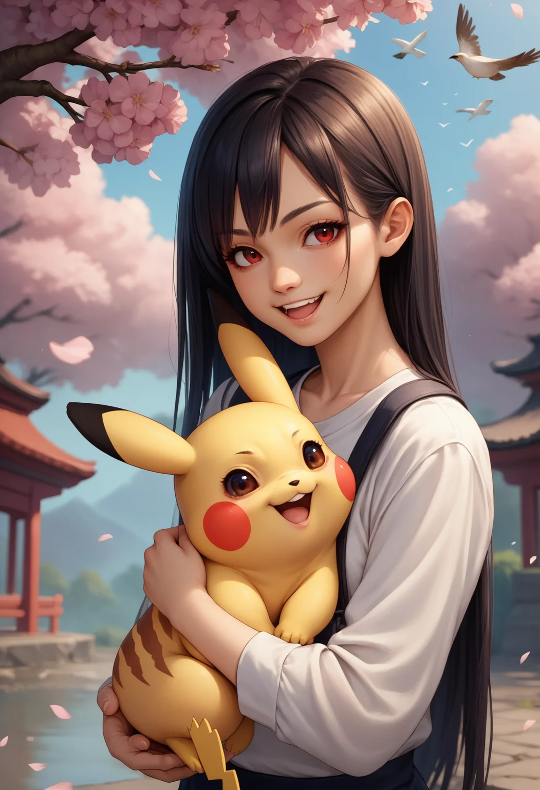 score_9, score_8_up,score_7_up, source_anime,
BREAK cherry blossom,
BREAK 1girl, red eyes, black hair, white shirt, long hair, seductive smile, holding creature, holding pikachu,
BREAK pikachu, pokemon (species), smile, open mouth,
BREAK bird, flying bird,