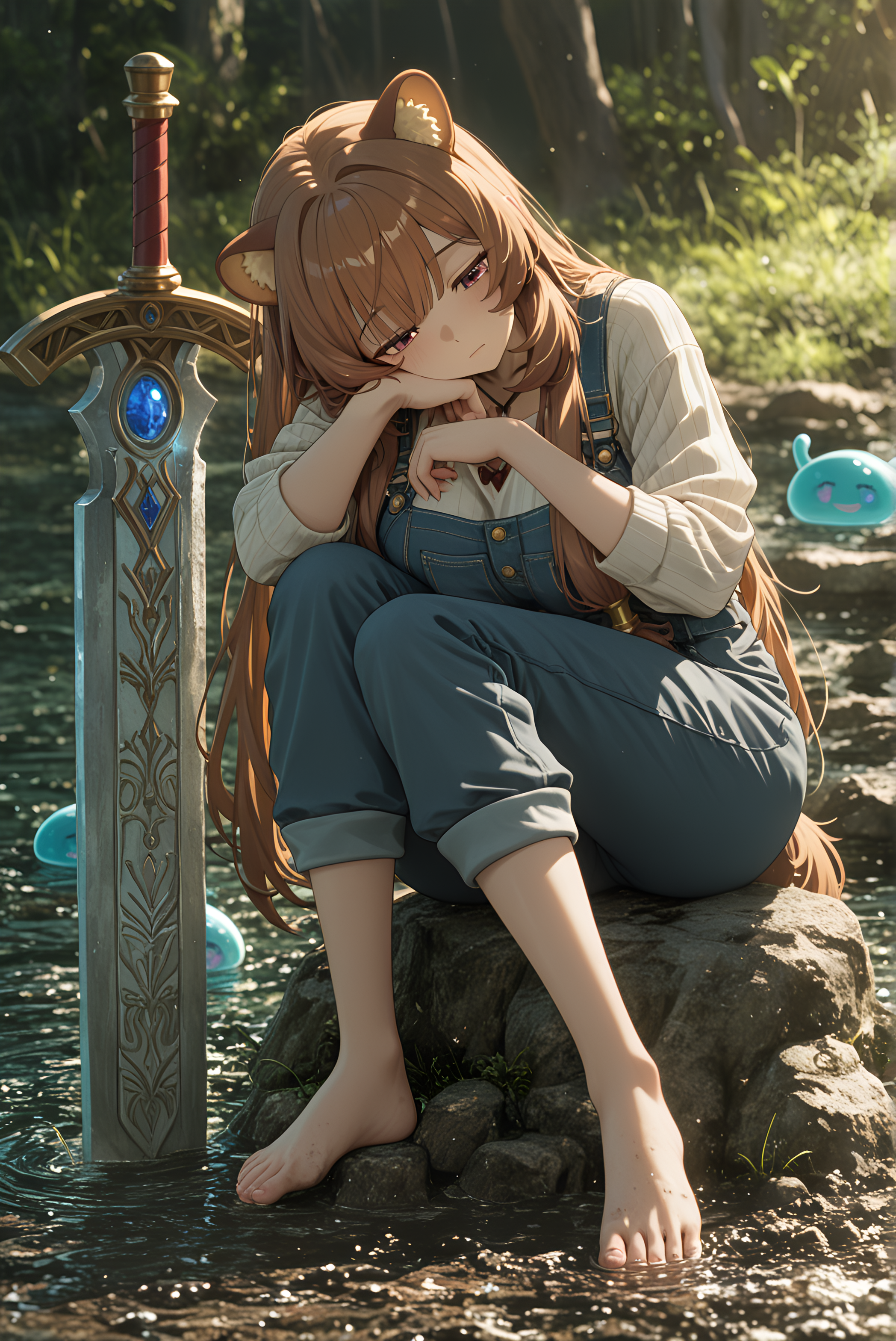 Resting head on hand (bored), delicate frame, high_key_lighting, masterpiece, Cool Light, gnarled trees, nail_polish, Muddy path beside a swamp, 8K, motion_blur:1.1, enormous crystalline greatsword reflecting rainbows, love, Circus Performer (Mystic), amazing quality, best quality, blurry background, barefoot, sagging breasts, motion_lines:1.1, RTX, dark skin, anime character, Balayage hair, pointed_ears, 1girl, bright_overall, Tritone Theme, upbeat_mood, thinking strategically), murky water., clean_forms, slime_(creature), ambient occlusion, Raphtalia, absurdres, Flowing locks, depth of field, full body, long hair, newest, 2boys, minimal_shadows, Calculating expression (Scheming, very aesthetic, ultra-detailed, Liyue Harbor Casual Wear - A stylish geo-toned outfit with jade accessories and comfortable urban design., absolutely eye-catching