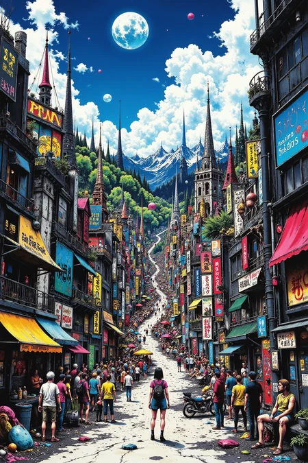a city full of people anime landscape, noon, woman, very intricate, very detailed, sharp, bright, colorful, <lora:Hand v2:0.5> <lora:Anti-Blur:1><lora:Insane Detail Slider:0.25>  <lora:flux.1_lora_flyway_Epic-detail_v2:0.3> <lora:fluxenhancer:0.25> <lora:ROWER:0.6> <lora:flux-charmer-v1-1:0.4>  <lora:Crazy_Horror:1> cr3z1h0rr0r