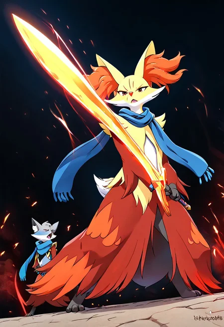 1boy Delphox Holding Plasma Sword, red and yellow Plasma Sword, brave-perspective, blue scarf