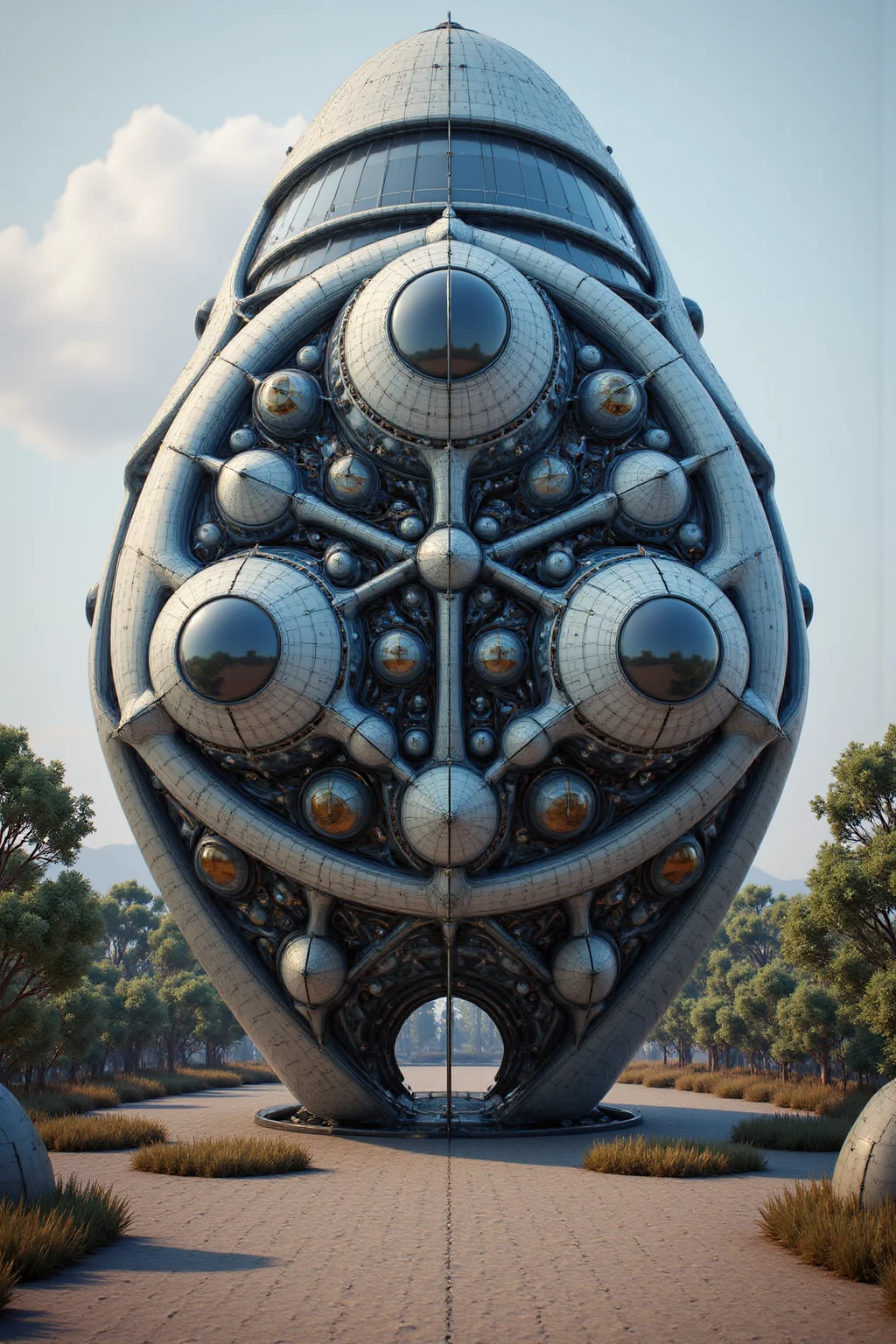 YFG-Ge0m, Off-world colony, HDR, no-humans, exterior view, mostly glass structure interstellar habitat in South Africa, Clutter-Mechanical.