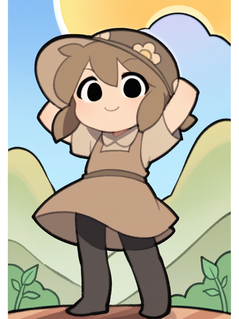 score_9, score_8_up, score_7_up, source_anime, BREAK
1girl, solo,  <lora:TemmieChang-20:1> sketch, brown hair, low bun, black eyes, brown hat, :3, light smile, brown dress, black pantyhose, chibi, standing on a hillside, arms raised, embracing the warmth of the sun
