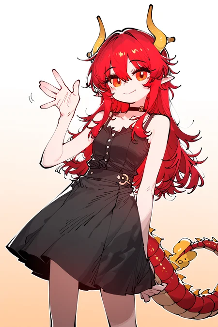 tianliang duohe fangdongye, ssambatea, koyoinacho,
1girl, solo, long hair, looking at viewer, golden dragon horns, red dragon tail, smile, hair between eyes, closed mouth, red hair, choker, pointy ears, waving, orange eyes, black shirt, black skirt, sundress, sleeveless, gradient background

<segment:yolo-Anzhc-Face-seg-1024-v2-y8n.pt,0.4,0.4//cid=11>
