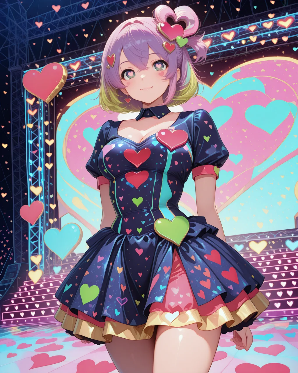 masterpiece,best quality,highres illustration,detailed face,1girl,cowboy shot,<lora:heartheart_IL:1.5>,colorful heart,stage,idol dress,smile,