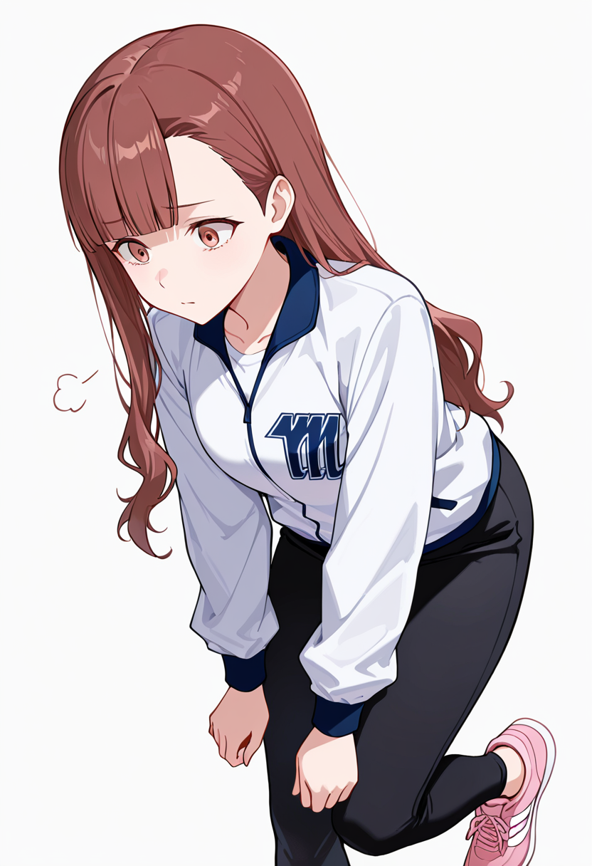 masterpiece,high quality details, absurdres,
 <lora:Nagisa_Satou:0.8>
nagisa_cnr, 1girl, brown hair, long hair, blunt bangs, asymmetrical bangs, brown eyes, 
sportswear, white shirt, white jacket, long sleeves, black pants, pink  sneakers,, simple background, white background, dutch angle,solo,, sigh,horrified,