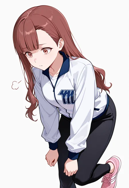 masterpiece,high quality details, absurdres,
<lora:Nagisa_Satou:0.8>
nagisa_cnr, 1girl, brown hair, long hair, blunt bangs, asymmetrical bangs, brown eyes,
sportswear, white shirt, white jacket, long sleeves, black pants, pink sneakers,, simple background, white background, dutch angle,solo,, sigh,horrified,