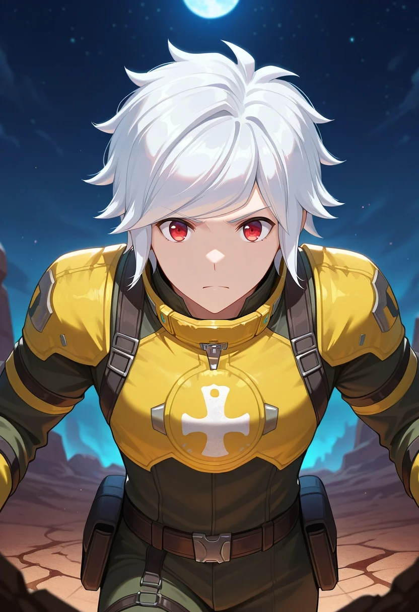 masterpiece, best quality, intricate details, , , 1boy, solo, male focus, <lora:bell_cranel_ilxl:0.9>, bell_cranel, white hair, red eyes, short hair, lunar outpost, moon domes, starlight labs, crater paths, exploring pose, determined expression, low gravity,
