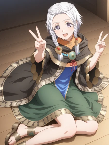 perfect quality,best quality,absolutely eye-catching,ambient occlusion,raytracing BREAK
1girl,<lora:amina IL v1.1:0.8>,amina,braid,white hair,black cloak,dress,sandals,national costume,, front view,macro_shot,reclining,v,hands_on_hips,yokozuwari,