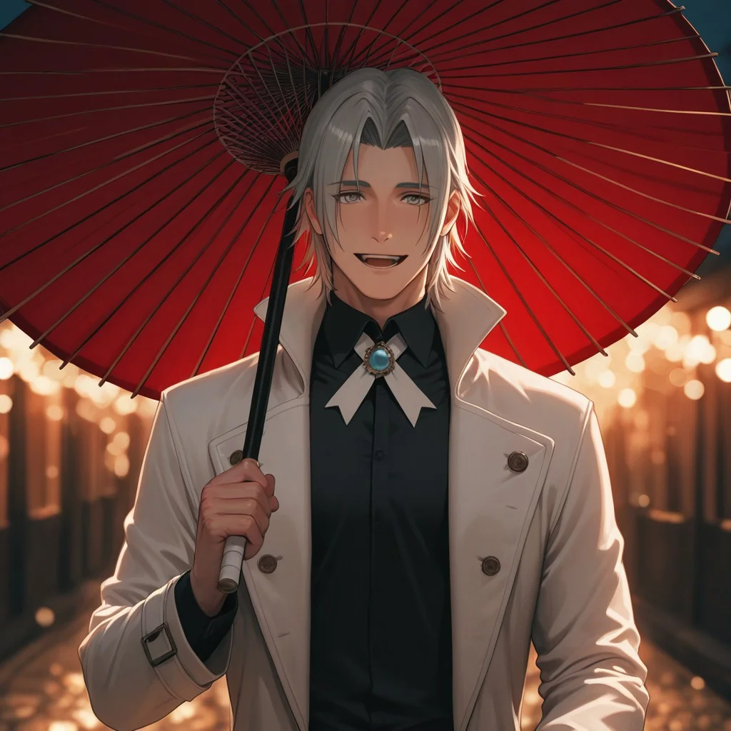 masterpiece, best quality, amazing quality, absurdres, newest, detailed background, definition so sharp, Ultra-HD, 8K cinematic, very awa, impressionate, amazing quality, highres,
solo, male focus, manly, mature male, bara, bokeh, night, warm light, blurry background, outdoor,
yashiroisana, 1boy, short hair, parted bangs, shiro_pretime, shiro_grey hair, shiro_grey eyes, white coat, black collared shirt, ribbon, brooch, oil-paper umbrella, holding umbrella, close umbrella,
smile, happy face, open mouth