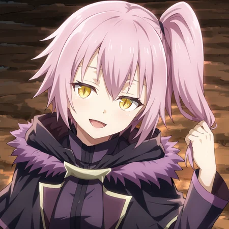 1girl, solo, ultima, slit pupils, pink hair, purple hair, short hair, side ponytail, yellow eyes, bangs, hair between eyes, breasts, small breasts, black jacket, fur trim, purple trim, capelet, long sleeves, hips, hair pull, head tilt, smile, open mouth, looking at viewer,
<lora:Ultima:0.8>