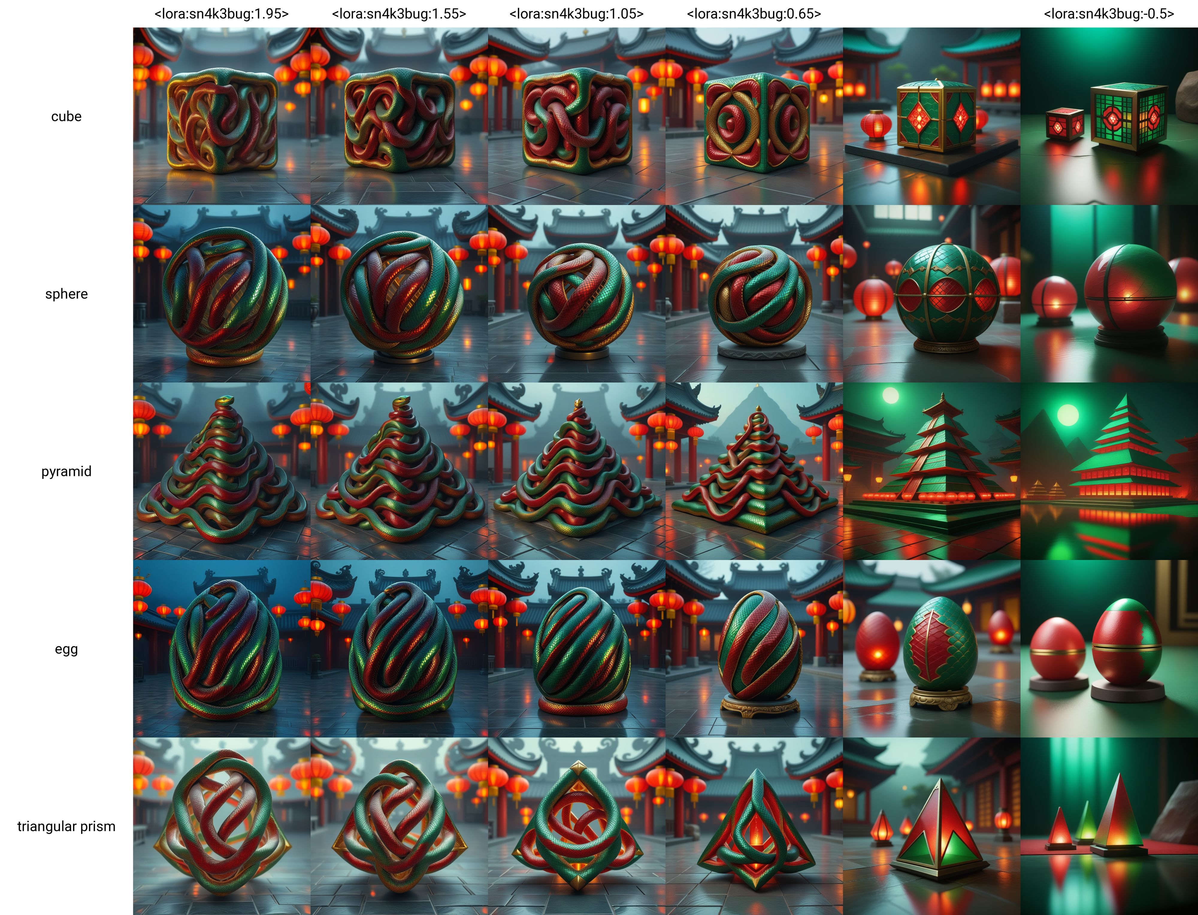 sn4k3bug cube, metallic scales in green, red, and gold colors. sn4k3bug create a detailed texture while forming all parts of the cube. The setting is a traditional Asian environment, featuring glowing red lanterns, typical architecture in the background, and a reflective stone floor. Soft lighting highlights sn4k3bug shimmer, ensuring the cube looks cohesive and colorful, maintaining a mysterious and vibrant atmosphere. <lora:sn4k3bug:1.95>