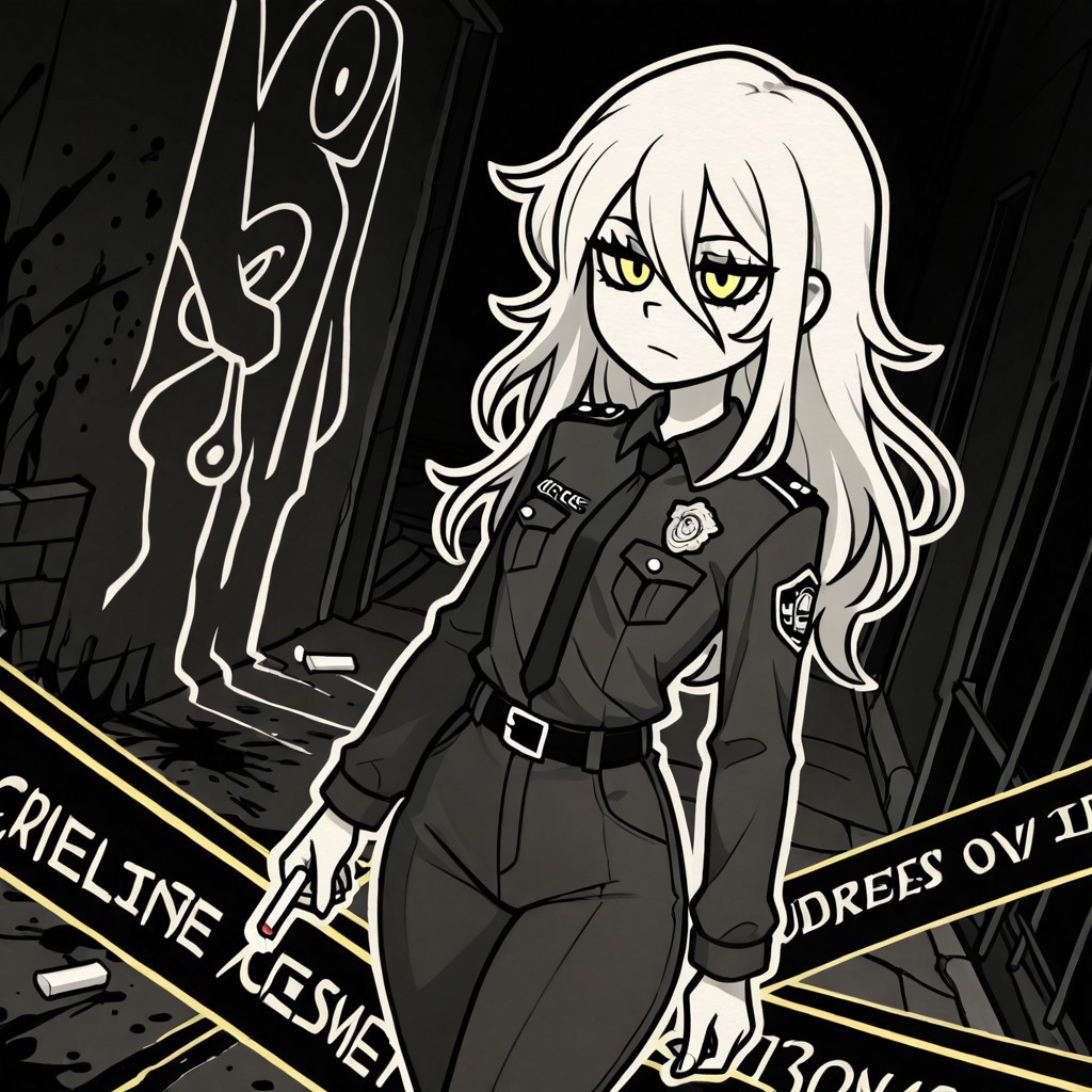 (cofanl style, monochrome, outline, white outline) (best quality, intricate details, extremely detailed, high resolution) (murder outline in background, murder scene, crime scene investigation, blood splatter, chalk outline, body outline, caution tape, little yellow cones with numbers on them, 1girl, solo, solo focus, white skin, slim body, small breast, hips, thighs, white hair, long hair, yellow eyes, policewoman outfit, night)