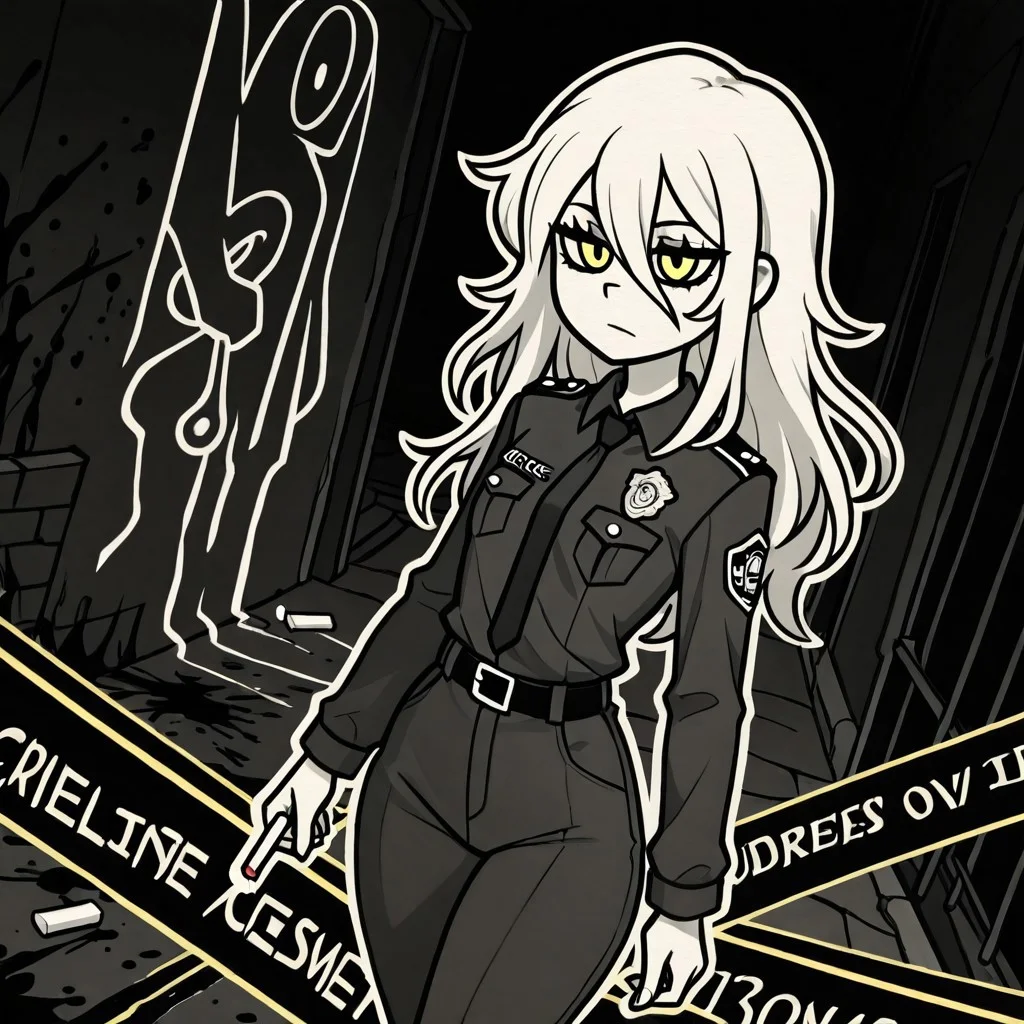 (cofanl style, monochrome, outline, white outline) (best quality, intricate details, extremely detailed, high resolution) (murder outline in background, murder scene, crime scene investigation, blood splatter, chalk outline, body outline, caution tape, little yellow cones with numbers on them, 1girl, solo, solo focus, white skin, slim body, small breast, hips, thighs, white hair, long hair, yellow eyes, policewoman outfit, night)