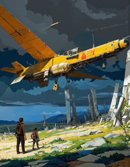Art by Ismail Inceoglu. A digital illustration shoot from below about a futuristic landscape with a large spaceship flying over a desolate landscape. the scene is set in a post-apocalyptic wasteland with tall, crumbling structures and a distant mountain range in the background. the sky is filled with dark, ominous clouds and the colors are vibrant with shades of blue, green, and yellow. in the foreground, a large, yellow, futuristic spaceship is flying low over the scene, its wings spread wide as it soars through the air. on the left side of the image, a young boy with a backpack and a bow and arrow stands in front of the spaceship, looking up at it. he appears to be in his early twenties, with a determined expression on his face. he is wearing a brown outfit and has a backpack slung over his shoulder, suggesting he is on his way to explore the unknown. on his right side, another boy is standing, looking at the spaceship with a contemplative expression. he also has a bow in his hand, adding to the sense of movement and adventure in the scene. the overall atmosphere is one of awe and wonder, with the vibrant colors and detailed textures of the landscape and the spaceship's sleek design.