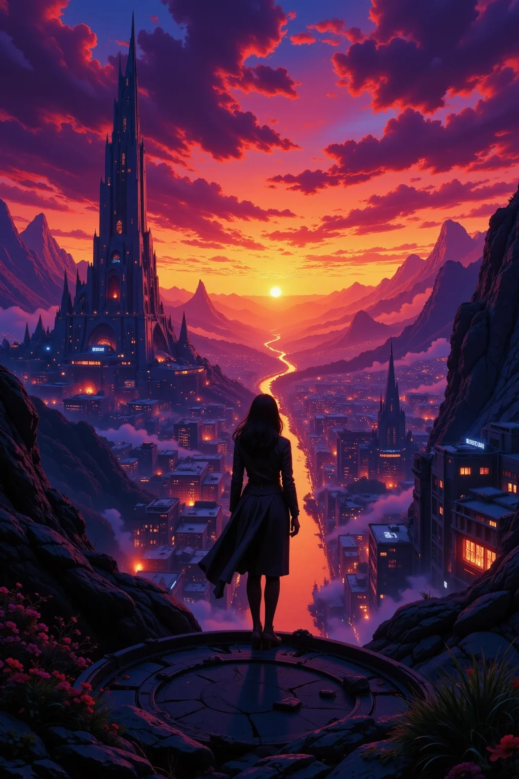 a futuristic sci-fi fantastic cyberpunk city beautiful landscape, dusk, woman, very intricate, very detailed, sharp, bright, colorful, <lora:Hand v2:0.5> <lora:Anti-Blur:1><lora:Insane Detail Slider:0.25> <lora:flux.1_lora_flyway_Epic-detail_v2:0.3> <lora:fluxenhancer:0.25> <lora:Anime_style:0.6> anime style
