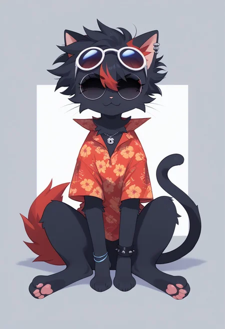 (score_9, score_8_up), score_7_up, score_6_up, best quality, highest quality, (feral), cat, animal, furry, female, goth, solo, full body, official style, (body fur), (black body, black fur, red fur), eyelashes, eyeliner, (black hair, red hair, streaked hair), (messy hair, spiked hair, highlights), cat ears, animal nose, sunglasses, round eyewear, hidden eyes, smirk, red stripes, necklace, hawaiian shirt, bracelet, paws, cat tail, clothed feral, no humans, mikus-zestylemonss