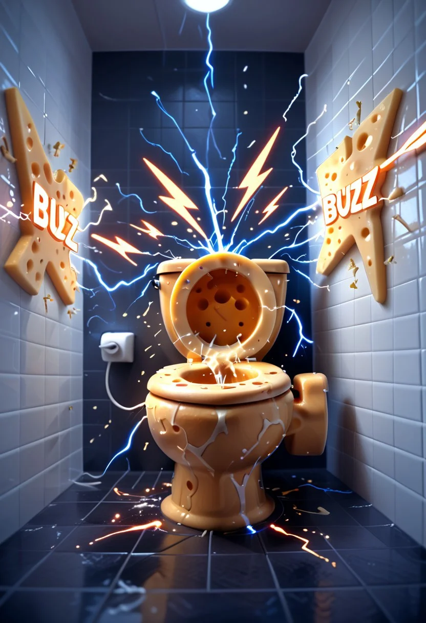 a toilet made entirely of cheese, Cheese style, erupting with glowing blue and orange electricity, Buzz2, stylized lightning bolt symbols shooting from the bowl, sparks and energy arcs exploding into the air, glowing electric aura surrounding it, melted cheese splashing outward with each electric burst, surreal and absurd humor, cinematic lighting, high detail, whimsical and chaotic, absurd product ad aesthetic, retro poster vibes, clean white tiled bathroom
Text placement:
Top of the image: "BUZZ ME" in bold, glowing letters