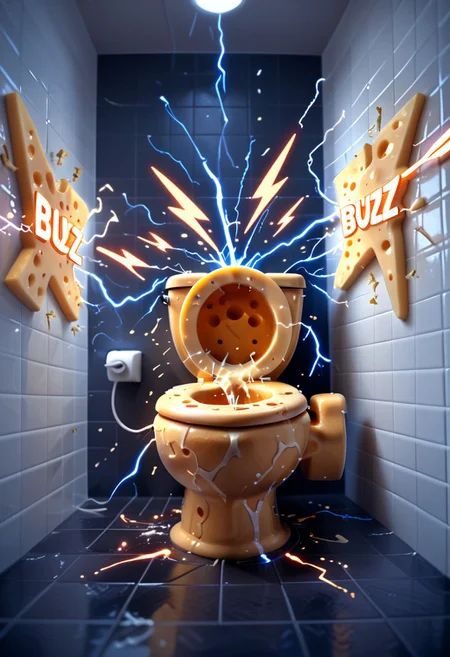 a toilet made entirely of cheese, Cheese style, erupting with glowing blue and orange electricity, Buzz2, stylized lightning bolt symbols shooting from the bowl, sparks and energy arcs exploding into the air, glowing electric aura surrounding it, melted cheese splashing outward with each electric burst, surreal and absurd humor, cinematic lighting, high detail, whimsical and chaotic, absurd product ad aesthetic, retro poster vibes, clean white tiled bathroom
Text placement:
Top of the image: "BUZZ ME" in bold, glowing letters