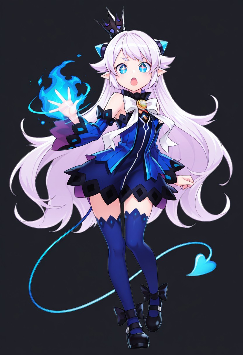 (masterpiece, best quality, highres, very aesthetic, very awa), 1 girl, Lubase, ElsLuBase, white hair, long hair, blue eyes, lu eyes, + +, pointy ears, lubase thighhighs, detached sleeves, lubase sleeves, lubase tail, LuBase dress, mini crown, LuBase bow, close up, looking at viewer, dark background, luBase shoe, open mouth, glowing outline