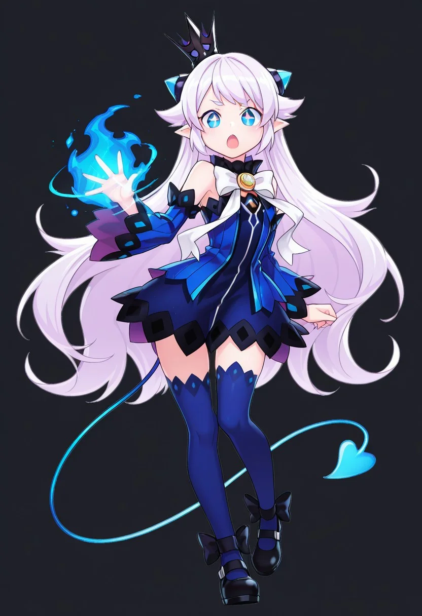 (masterpiece, best quality, highres, very aesthetic, very awa), 1 girl, Lubase, ElsLuBase, white hair, long hair, blue eyes, lu eyes, + +, pointy ears, lubase thighhighs, detached sleeves, lubase sleeves, lubase tail, LuBase dress, mini crown, LuBase bow, close up, looking at viewer, dark background, luBase shoe, open mouth, glowing outline