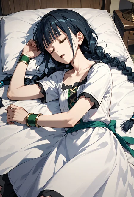 score_9,score_8_up,score_7_up,source_anime,Atla Fayon,1girl,solo,open mouth,dress,jewelry,collarbone,closed eyes,braid,short sleeves,lying,blunt bangs,white dress,bracelet,twin braids,on side,sleeping,wristband,