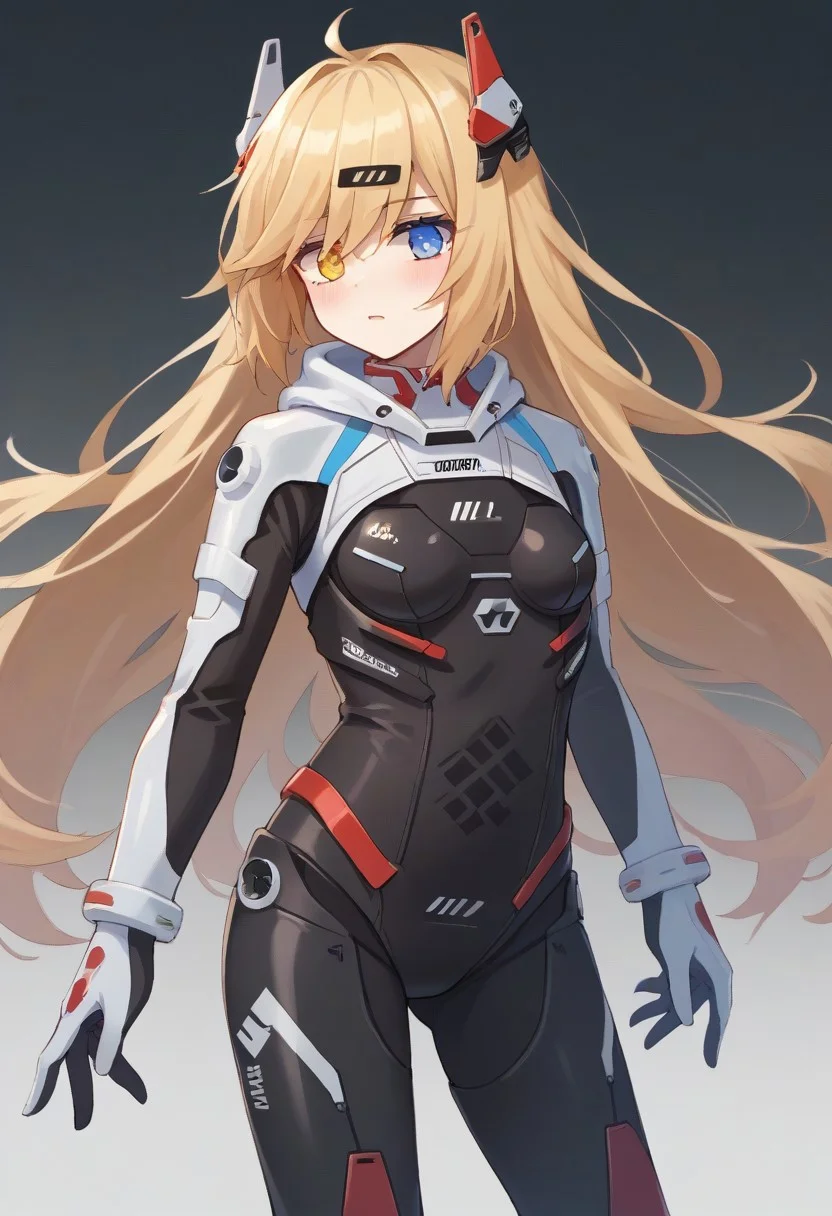 score_9, score_8_up, score_7_up, source_anime, BREAK
standing, blonde hair, heterochromia, blue eyes, yellow eyes, (mg36plugsuit), very long hair, hair ornament bodysuit, black bodysuit
