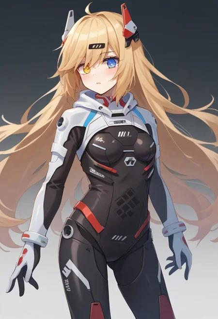 score_9, score_8_up, score_7_up, source_anime, BREAK
standing, blonde hair, heterochromia, blue eyes, yellow eyes, (mg36plugsuit), very long hair, hair ornament bodysuit, black bodysuit
