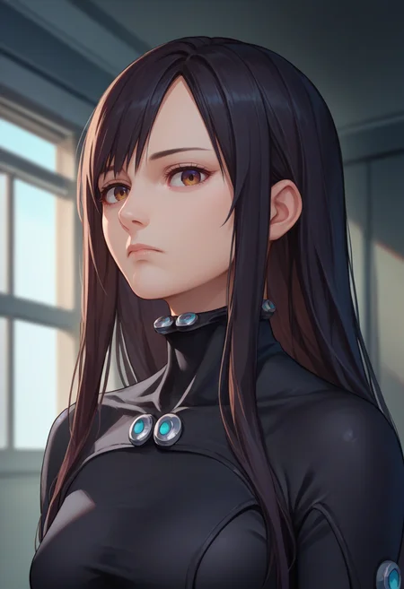 score_9, score_8_up, score_7_up, source_anime, upper body, solo, 1girl, shimohira reika, expressionless, looking at viewer, standing, black bodysuit, indoors <lora:gantz_shimohira_ponyXL:1>