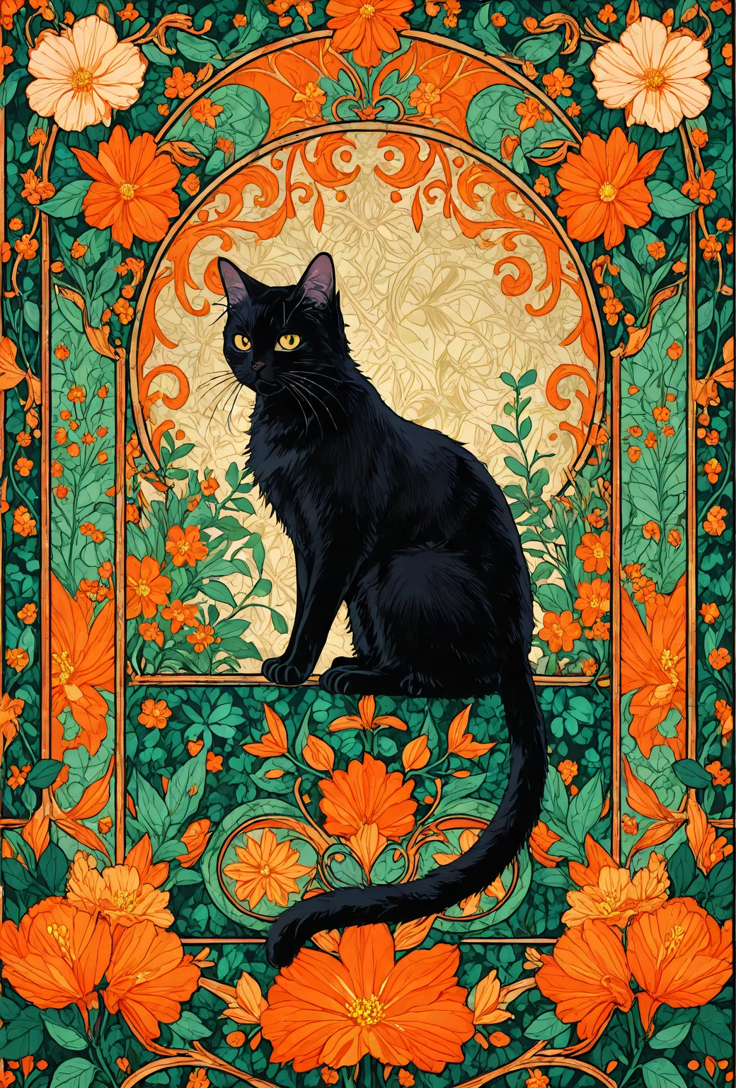 masterpiece, best quality, amazing quality, very aesthetic, perfect eyes, in Alphonse Mucha poster style|
masterpiece|
Black American domestic cat|
against a composition |
art nouveau, organic, flowery background|
small dancing playful mice in the background|
lithography, muted colors|
DOWDOWA vivid, illustration featuring a vibrant black cat sitting in the center of a floral ornate background, facing you with its yellow eyes; framed within an ornate rectangular frame depicting large orange and green patterns amidst intricate floral designs, complemented by teal and gold colors.