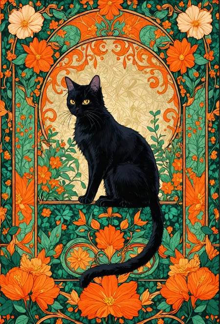 masterpiece, best quality, amazing quality, very aesthetic, perfect eyes, in Alphonse Mucha poster style|
masterpiece|
Black American domestic cat|
against a composition |
art nouveau, organic, flowery background|
small dancing playful mice in the background|
lithography, muted colors|
DOWDOWA vivid, illustration featuring a vibrant black cat sitting in the center of a floral ornate background, facing you with its yellow eyes; framed within an ornate rectangular frame depicting large orange and green patterns amidst intricate floral designs, complemented by teal and gold colors.