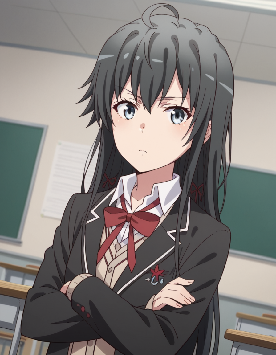 score_9, score_8_up, score_7_up, source_anime,
yukinoyukinoshita, <lora:yukino-yukinoshita-s2s3-ponyxl-lora-nochekaiser:1>,
yukino yukinoshita, black hair, blue eyes, long hair, ahoge,
blazer, cardigan, jacket, plaid, plaid skirt, school uniform, skirt, sobu high school uniform,
indoors, classroom, crossed arms,
looking at viewer, cowboy shot, dutch angle, solo,