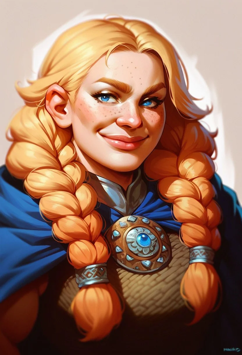 score_9, score_8_up, score_7_up, score_6_up, score_5_up, score_4_up, 1girl, dwarf, freckles, blue eyes, light blonde hair, big braids, big lips, muscles, medium breasts, shortstack, mantel, cape, smirking, portrait
