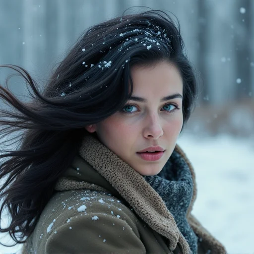 realism, 1girl, cinematic film still, beautiful woman, no make up, winter outfit, blush, black hair, head tilt, hair blowing in the wind, arctic circle snow drift, snowing, snowflakes, cold, chill bumps, approaching perfection, dynamic, highly detailed, smooth, sharp focus, intricate details, shallow depth of field, vignette, high budget, bokeh, cinemascope, moody, epic, gorgeous, film grain, grainy