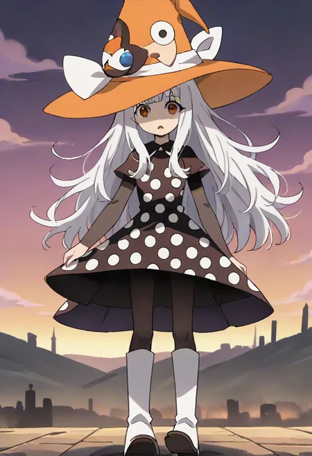 source_anime, anime, (vivid colors, bright colors:1.1),, adult, white hair,long hair,bangs,orange hat, thin hat, witch hat, black dress,black pantyhose,white boots,polka dots,polka dot dress, <lora:Eureka_Frog_v10:1>,