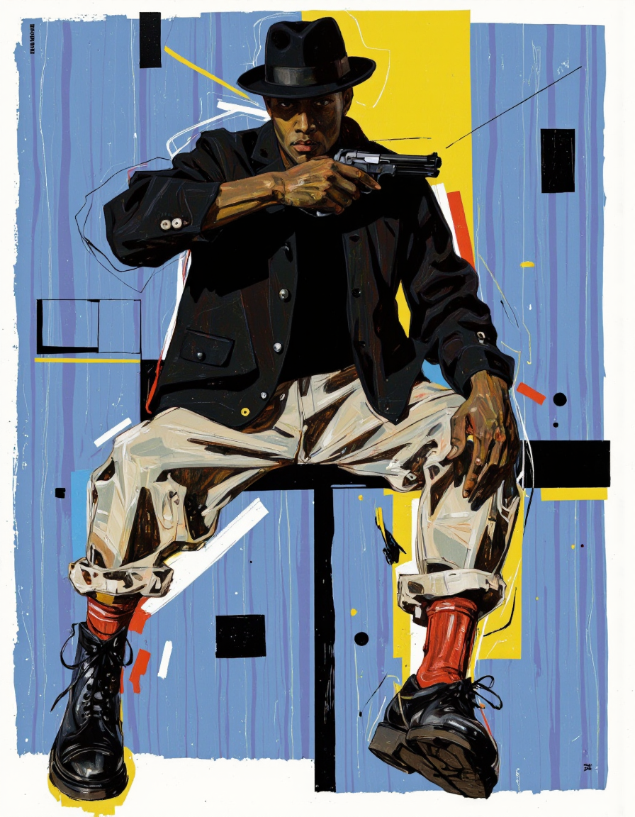 By Martin French. A stylized illustration of a muscular, dark-skinned man in a dynamic pose, wearing a black hat, a black jacket, and khaki pants, with red socks and black combat boots. he is positioned in the middle of the image, sitting on a blue and yellow striped background with abstract shapes and lines. the man appears to be in his mid-twenties, with a serious expression on his face, and is holding a gun in his right hand, pointing it towards the viewer. his body is slim, and he is wearing a pair of red knee-high socks, adding a pop of color to the otherwise monochromatic image. the overall style is reminiscent of urban art, with bold lines and abstract shapes creating a dynamic composition. <lora:Martin_French:1>